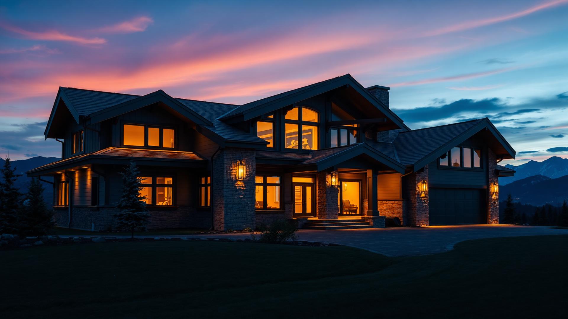Luxurious modern home at twilight with permanent LED lighting